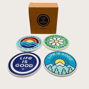 New Life Is Good Coaster Set Ceramic with Cork Bottoms Round